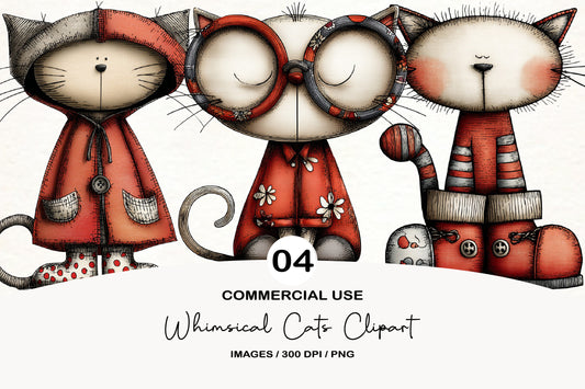 Whimsical Cats Clipart PNG Bundle | Cute Watercolor Cat Clipart | Adorable Kawaii Cats