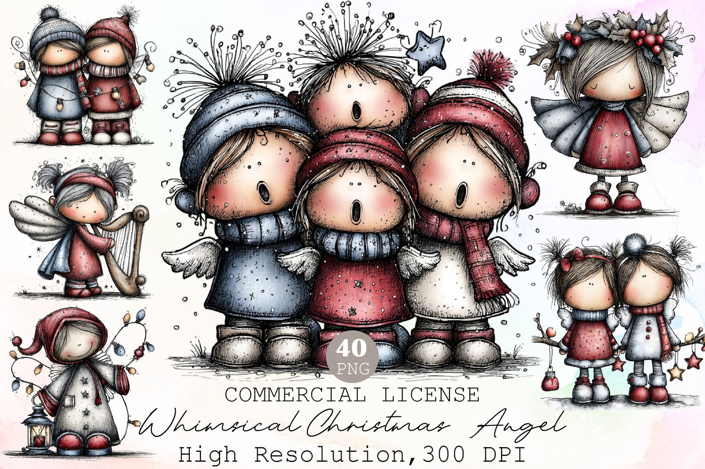 Whimsical Christmas Angel Clipart Bundle Cute Watercolor Holiday Angels PNG