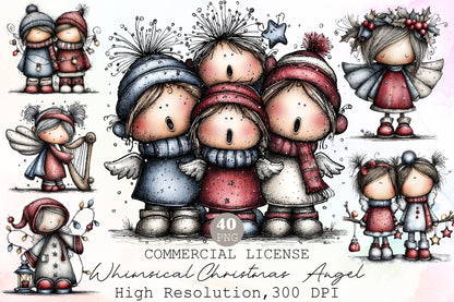 Whimsical Christmas Angel Clipart Bundle Cute Watercolor Holiday Angels PNG