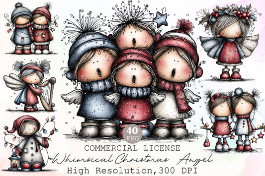Whimsical Christmas Angel Clipart Bundle Cute Watercolor Holiday Angels PNG
