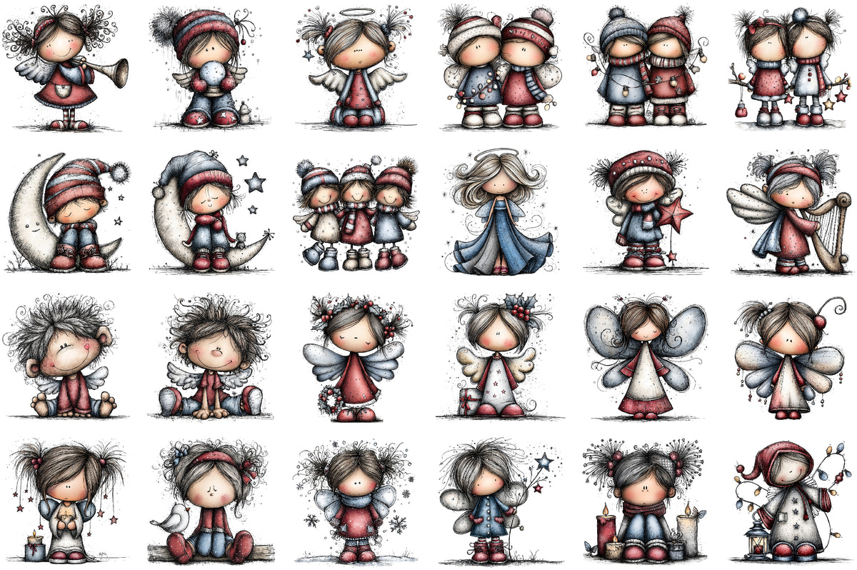 Whimsical Christmas Angel Clipart Bundle Cute Watercolor Holiday Angels PNG