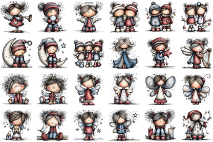 Whimsical Christmas Angel Clipart Bundle Cute Watercolor Holiday Angels PNG