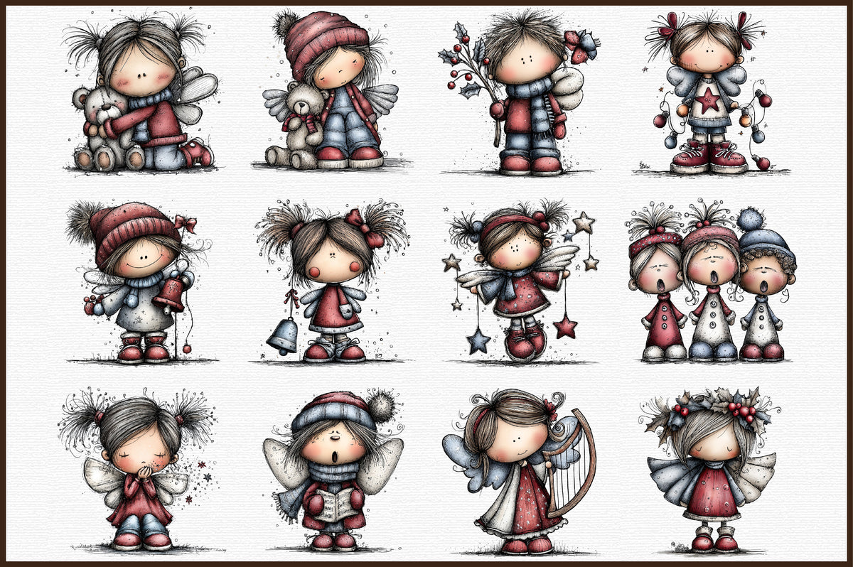 Whimsical Christmas Angel Clipart Bundle Cute Watercolor Holiday Angels PNG