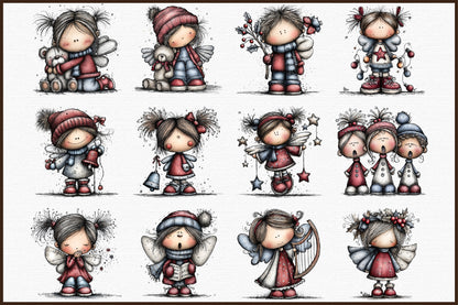 Whimsical Christmas Angel Clipart Bundle Cute Watercolor Holiday Angels PNG