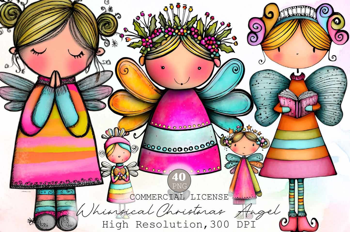 Whimsical Christmas Angel Clipart Bundle Colorful Fairy Holiday PNG