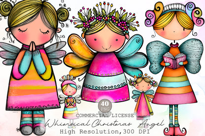 Whimsical Christmas Angel Clipart Bundle Colorful Fairy Holiday PNG
