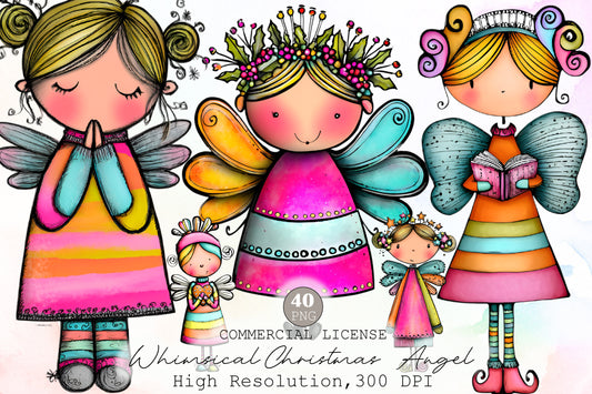 Whimsical Christmas Angel Clipart Bundle Colorful Fairy Holiday PNG