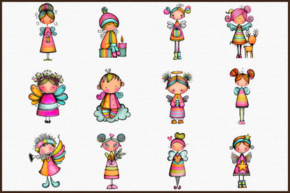 Whimsical Christmas Angel Clipart Bundle Colorful Fairy Holiday PNG
