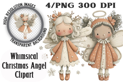Whimsical Christmas Angel Clipart PNG Bundle | Cute Watercolor Holiday Angel Clipart
