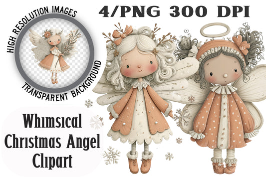 Whimsical Christmas Angel Clipart PNG Bundle | Cute Watercolor Holiday Angel Clipart