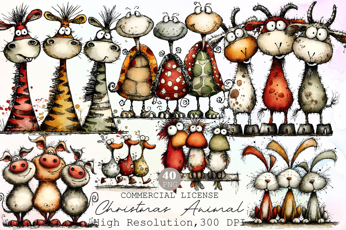 Whimsical Christmas Farm Animal Clipart Bundle Cute Holiday Animals PNG