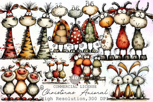 Whimsical Christmas Farm Animal Clipart Bundle Cute Holiday Animals PNG