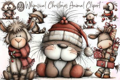 Whimsical Christmas Animal Clipart Bundle Cute Holiday Animals PNG