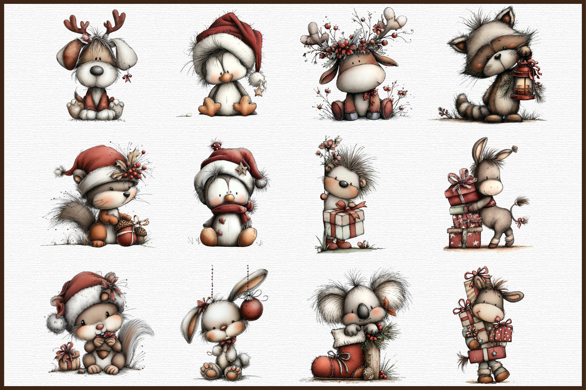 Whimsical Christmas Animal Clipart Bundle Cute Holiday Animals PNG