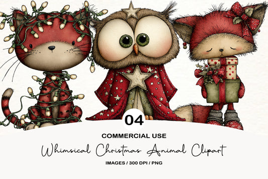 Whimsical Christmas Animal Clipart PNG Bundle | Cute Watercolor Holiday Animals | Festive Christmas Animal Clipart