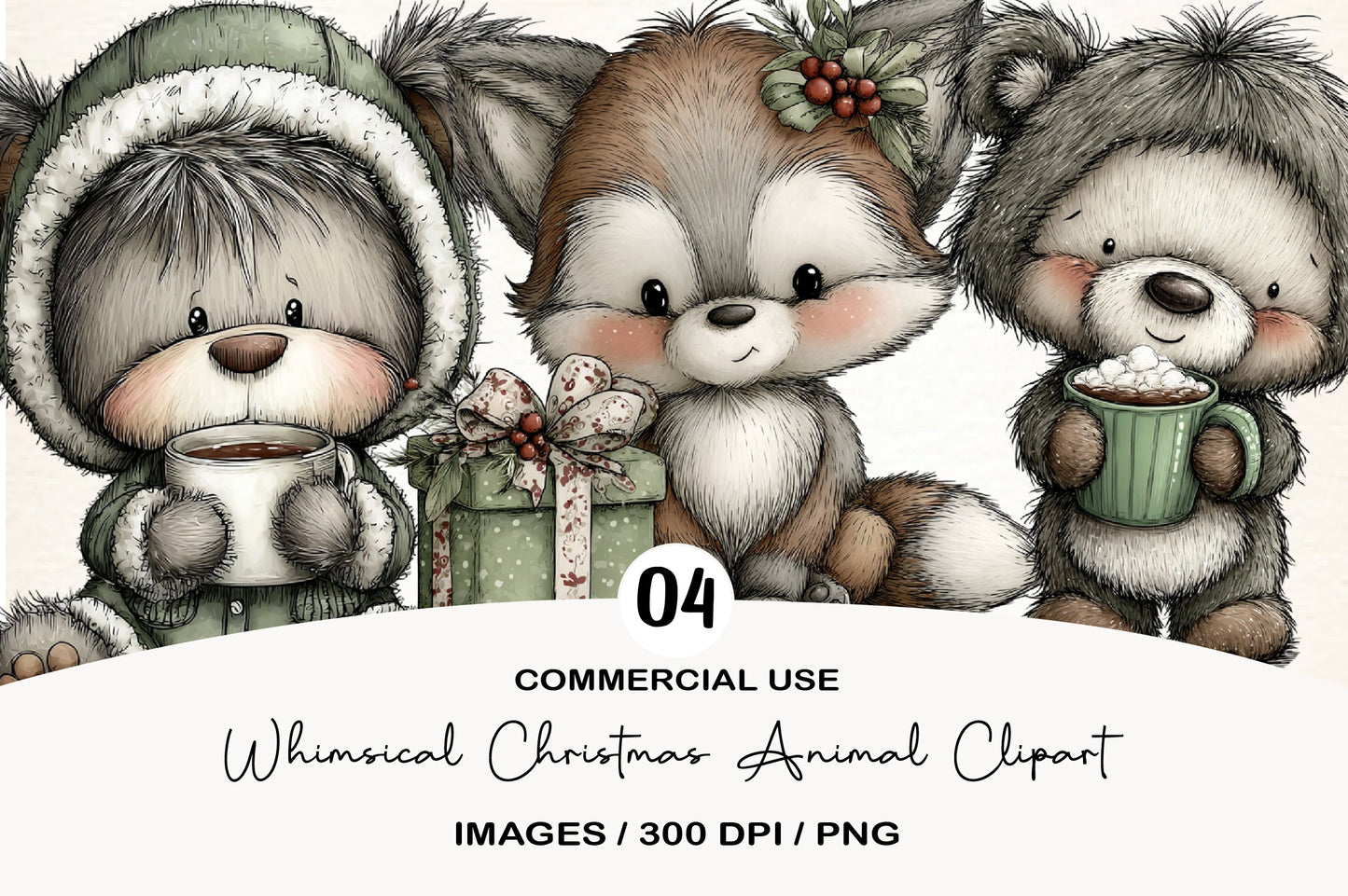 Whimsical Christmas Animal Clipart PNG Bundle | Cute Watercolor Holiday Animals Clipart | Festive Winter Animal PNG