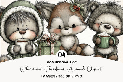 Whimsical Christmas Animal Clipart PNG Bundle | Cute Watercolor Holiday Animals Clipart | Festive Winter Animal PNG