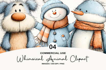 Whimsical Christmas Animal Clipart PNG Bundle | Cute Watercolor Holiday Animals Clipart | Festive Winter Animals PNG