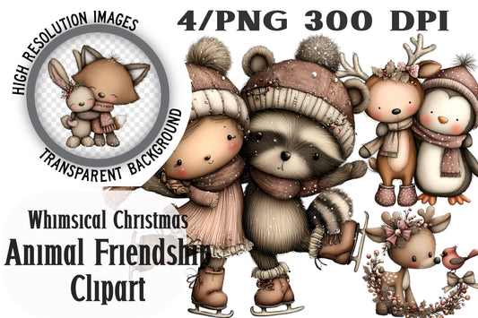 Whimsical Christmas Animal Friendship Clipart PNG