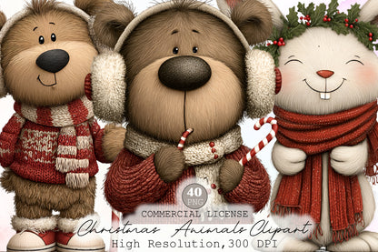 Whimsical Christmas Animals Clipart Bundle Cute Holiday PNG