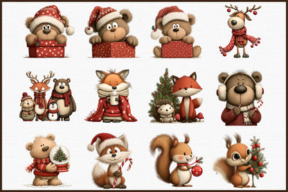 Whimsical Christmas Animals Clipart Bundle Cute Holiday PNG