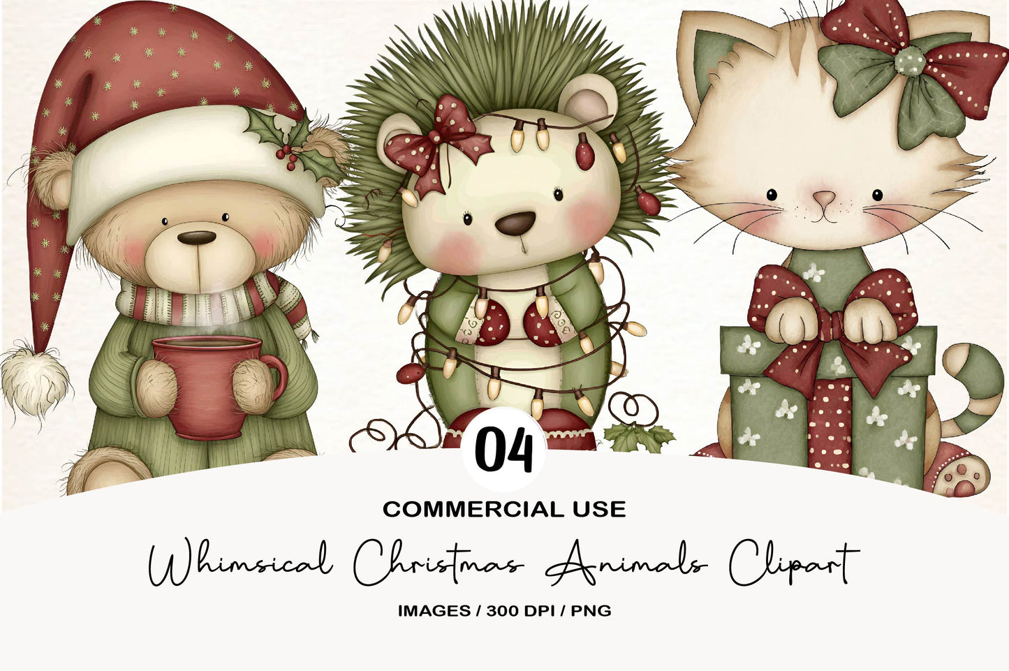Whimsical Christmas Animals Clipart PNG Bundle | Cute Watercolor Holiday Animal Clipart