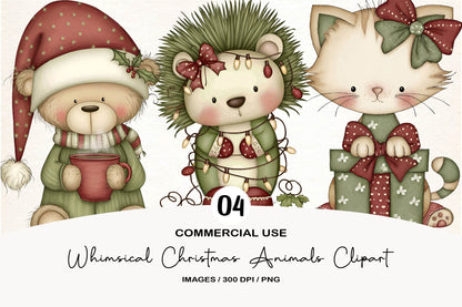 Whimsical Christmas Animals Clipart PNG Bundle | Cute Watercolor Holiday Animal Clipart