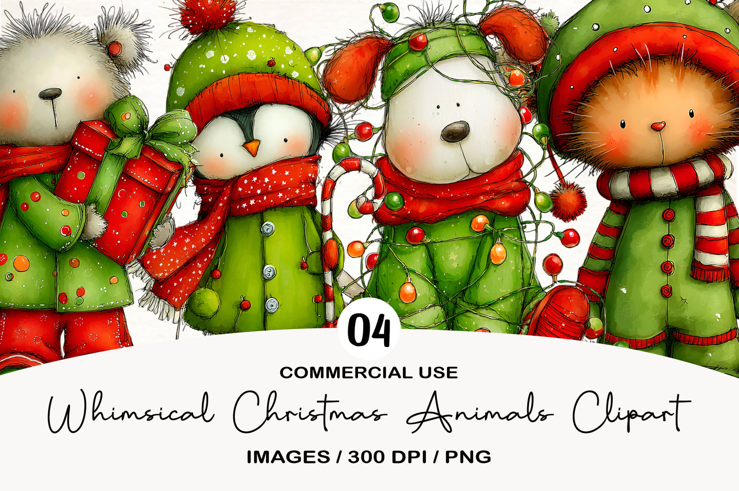 Whimsical Christmas Animals Clipart PNG | Cute Holiday Animals