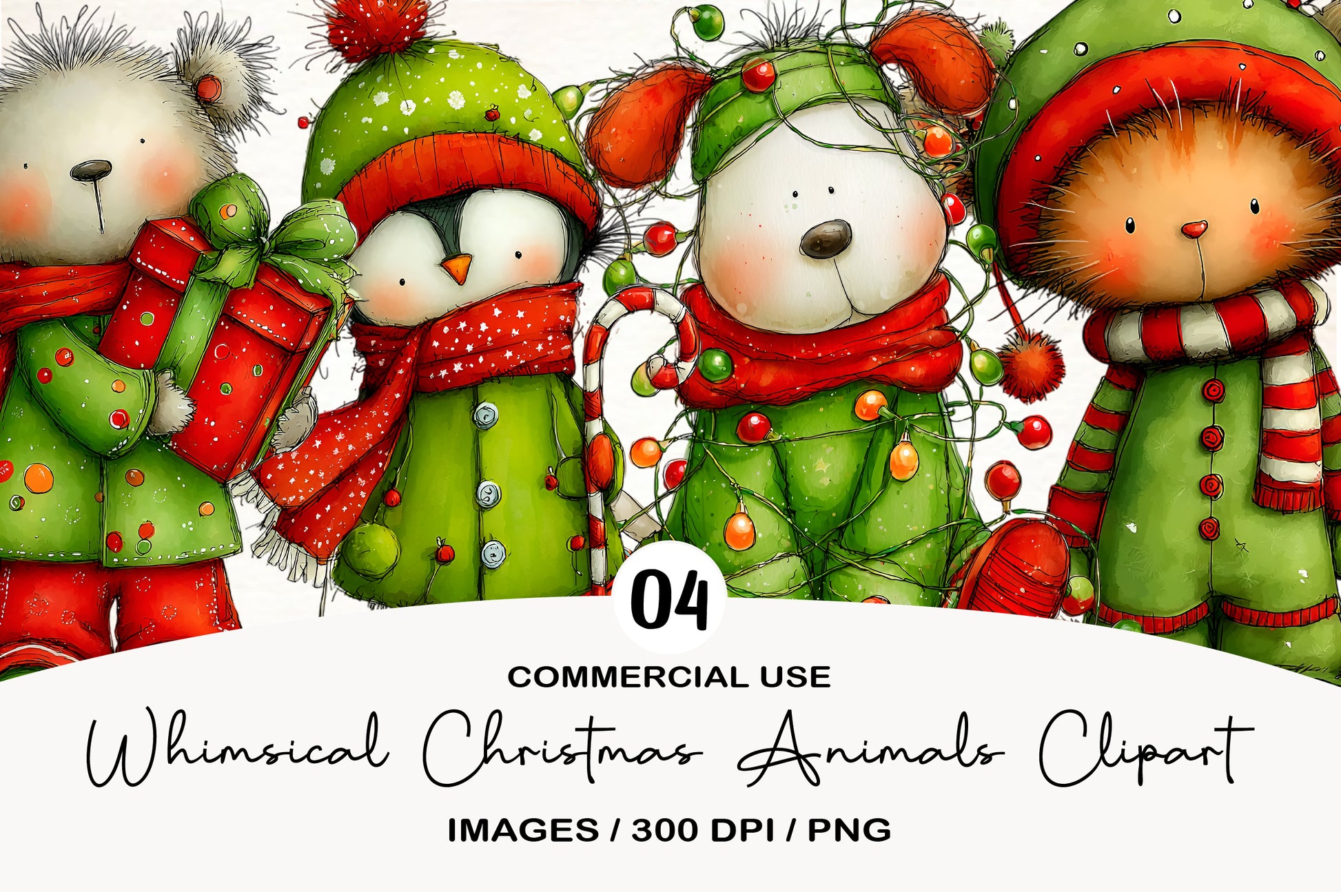 Whimsical Christmas Animals Clipart PNG | Cute Holiday Animals