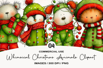 Whimsical Christmas Animals Clipart PNG | Cute Holiday Animals
