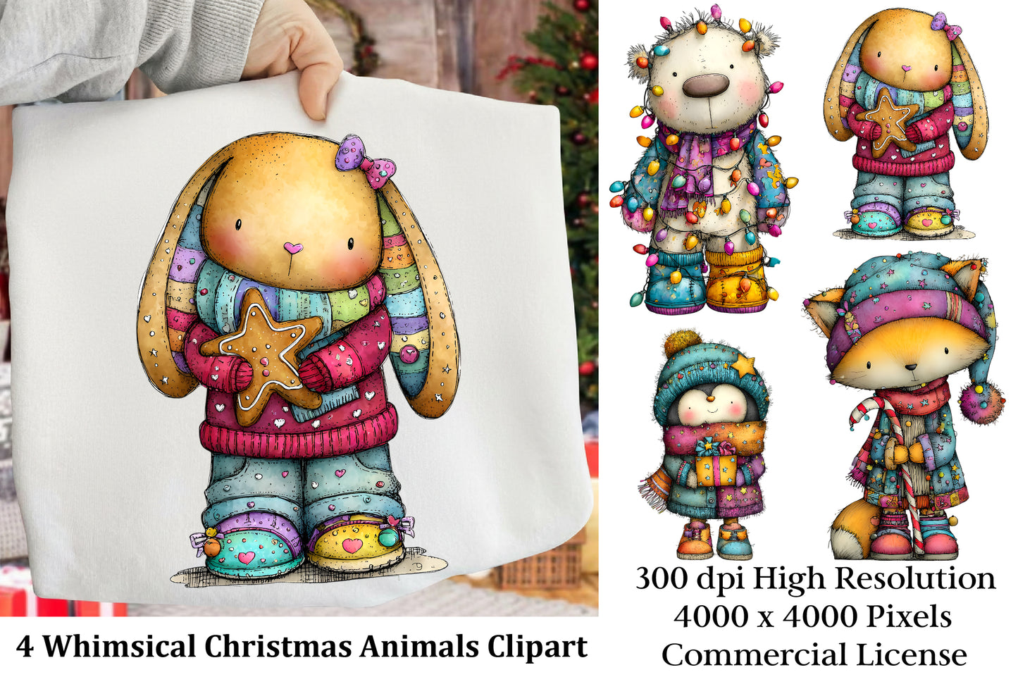 Whimsical Christmas Animals Clipart PNG – 4 Designs
