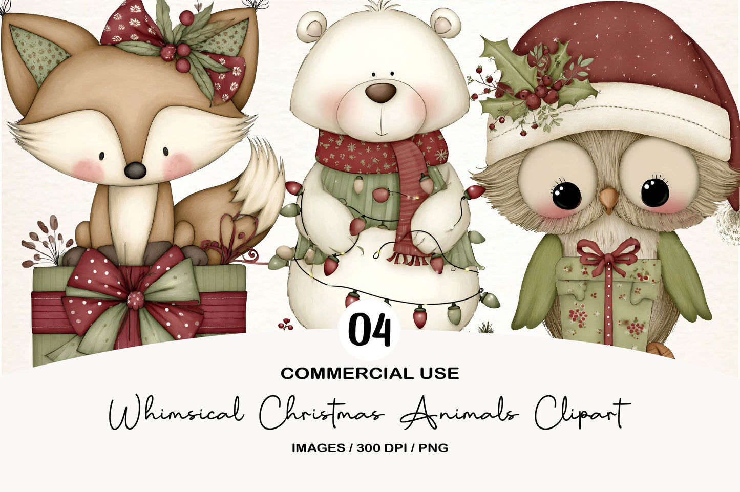 Whimsical Christmas Animals Clipart PNG Bundle | Adorable Watercolor Holiday Animal PNG