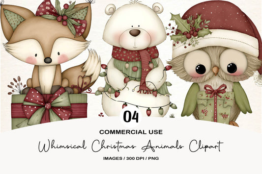 Whimsical Christmas Animals Clipart PNG Bundle | Adorable Watercolor Holiday Animal PNG