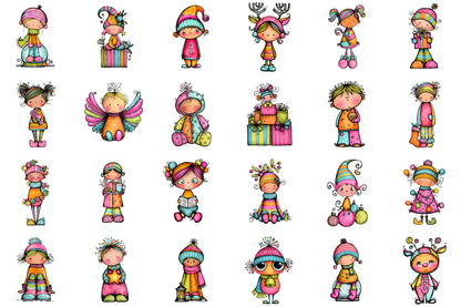 Whimsical Christmas Baby Kid Clipart Bundle Colorful Holiday PNG