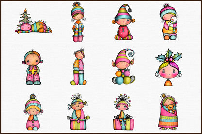 Whimsical Christmas Baby Kid Clipart Bundle Colorful Holiday PNG