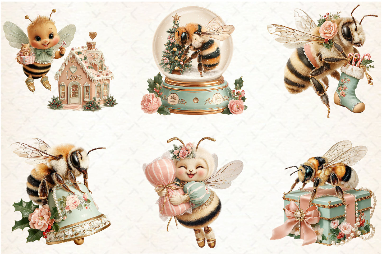 Whimsical Christmas Bee PNG Bundle Cute Holiday Bee Sublimation Designs