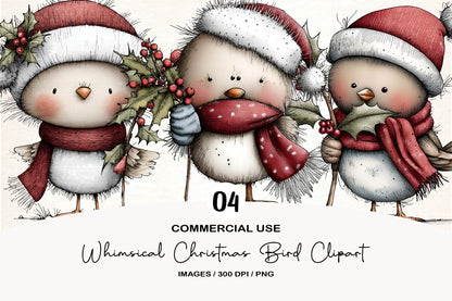 Whimsical Christmas Bird Clipart PNG Bundle | Cute Watercolor Holiday Bird Clipart
