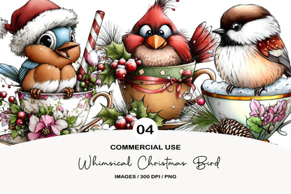Whimsical Christmas Bird Clipart PNG Bundle | Cute Watercolor Holiday Bird Clipart | Festive Winter Birds PNG