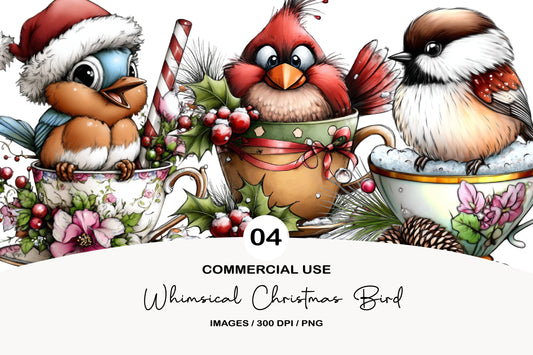 Whimsical Christmas Bird Clipart PNG Bundle | Cute Watercolor Holiday Bird Clipart | Festive Winter Birds PNG