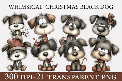 Whimsical Christmas Black Dog PNG | Cute Puppy Holiday Clipart Bundle | 21 Transparent PNG