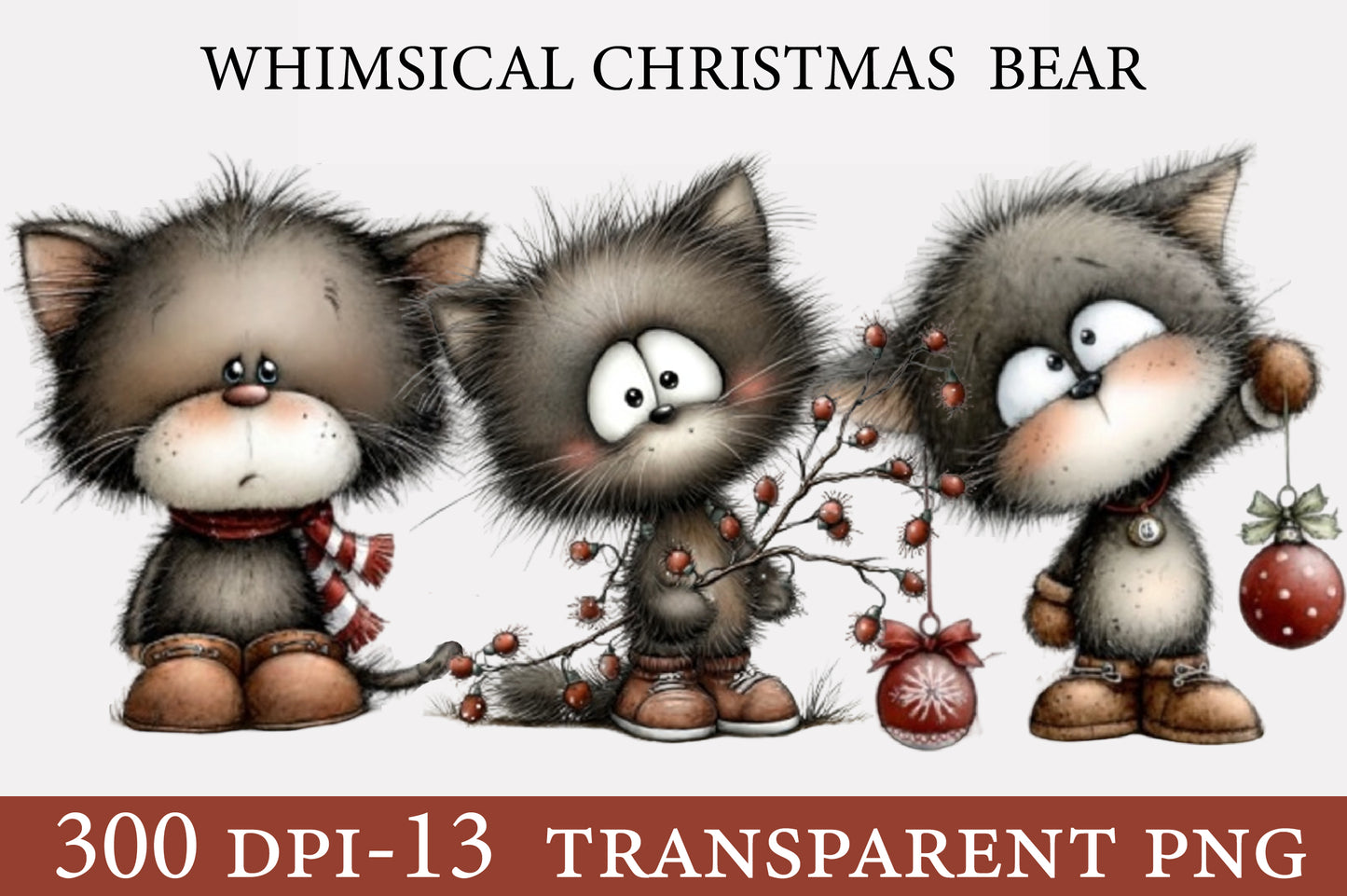 Whimsical Christmas Black Cat PNG | Cute Kitty Holiday Clipart Bundle | 13 Transparent PNG