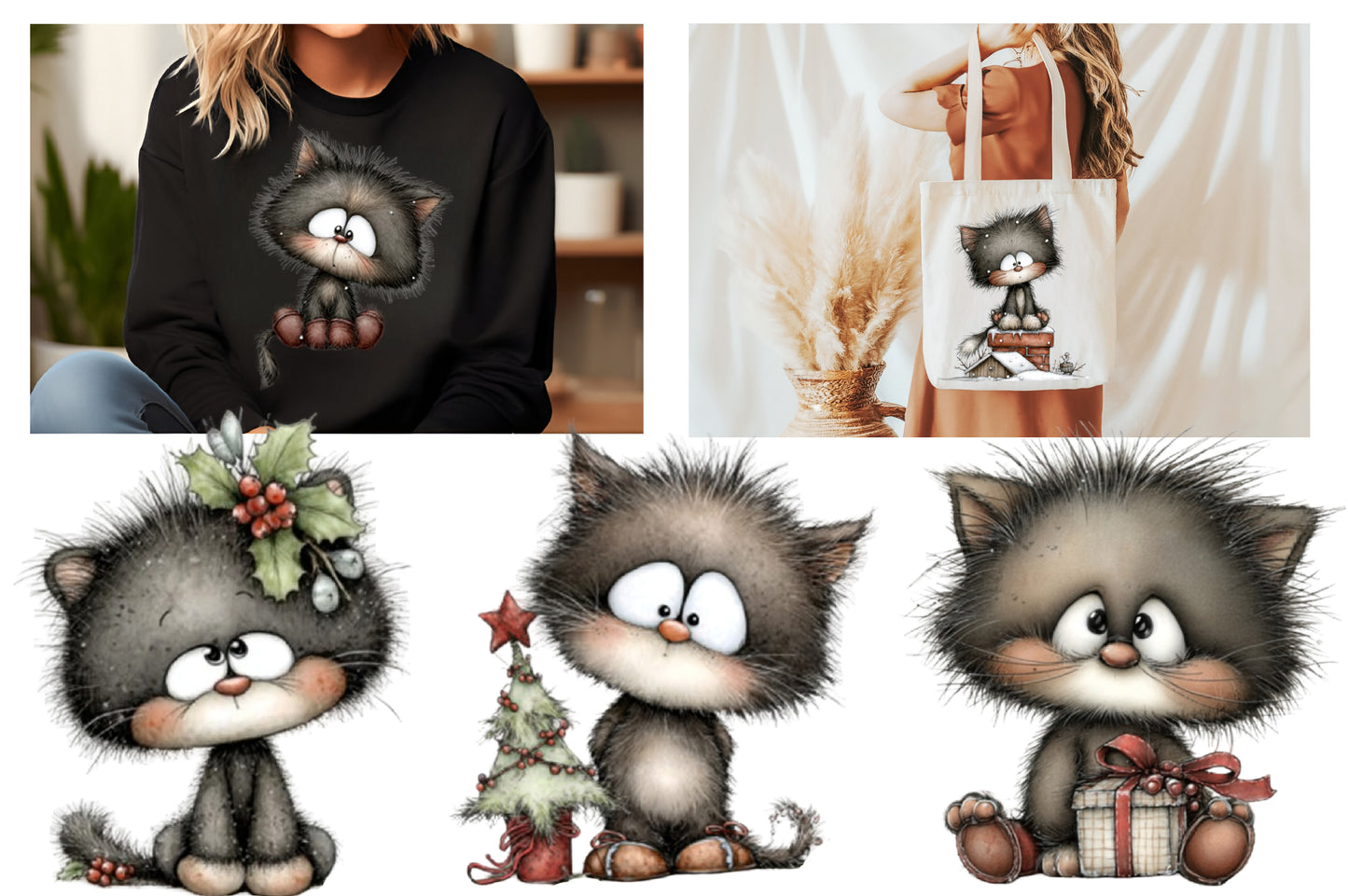 Whimsical Christmas Black Cat PNG | Cute Kitty Holiday Clipart Bundle | 13 Transparent PNG