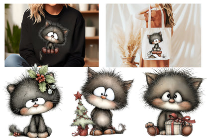 Whimsical Christmas Black Cat PNG | Cute Kitty Holiday Clipart Bundle | 13 Transparent PNG