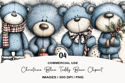 Whimsical Christmas Blue Teddy Bear Clipart PNG Bundle | Cute Watercolor Holiday Blue Teddy Bear Clipart | Winter Bear PNG