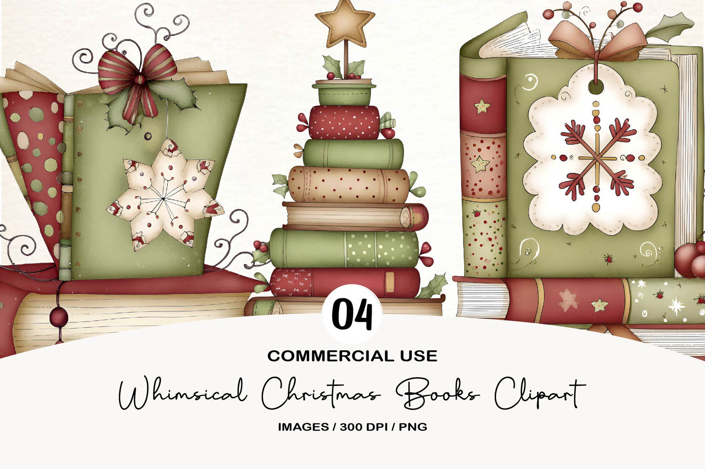 Whimsical Christmas Books Clipart PNG Bundle | Cozy Watercolor Holiday Book Clipart
