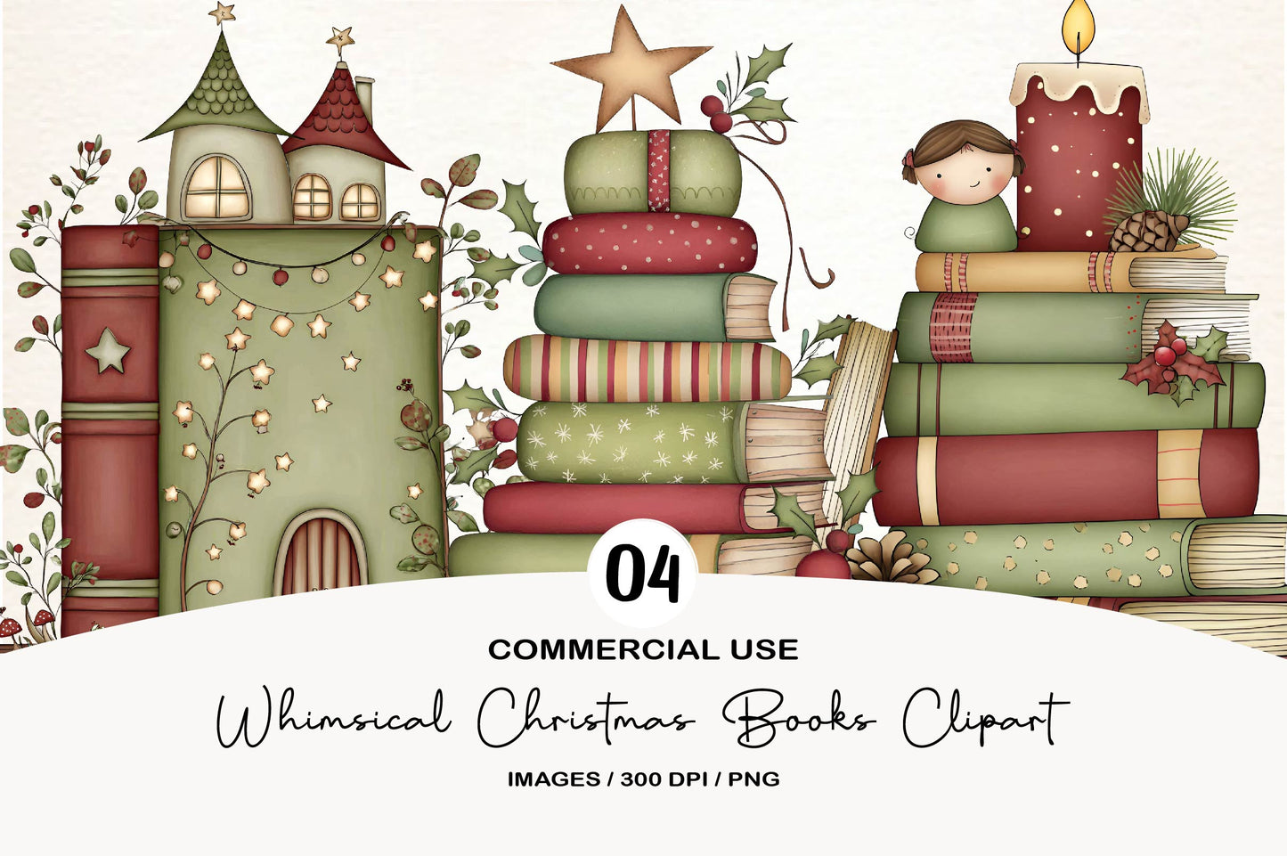 Whimsical Christmas Books Clipart PNG Bundle | Watercolor Cozy Holiday Book Clipart