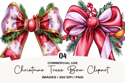 Whimsical Christmas Bow Clipart PNG Bundle | Cute Watercolor Holiday Ribbon Bow Clipart | Festive Christmas Bow PNG
