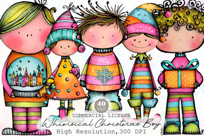 Whimsical Christmas Boy Clipart Bundle Colorful Holiday PNG