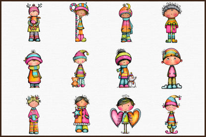 Whimsical Christmas Boy Clipart Bundle Colorful Holiday PNG