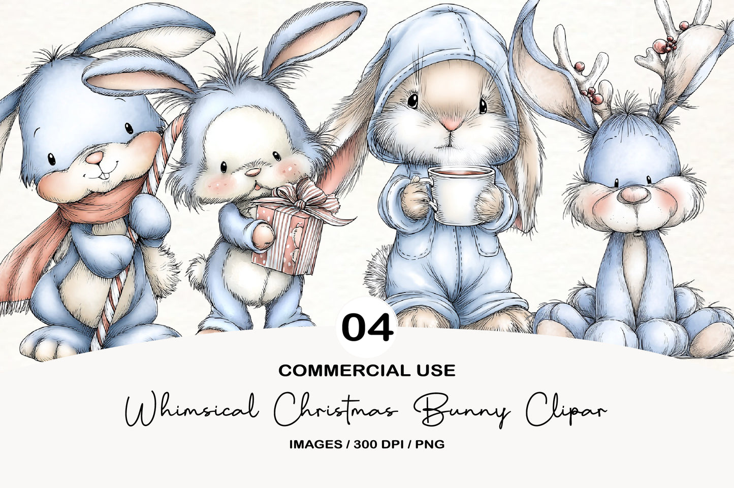 Whimsical Christmas Bunny Clipart PNG Bundle | Cute Watercolor Holiday Bunny Clipart | Festive Winter Rabbit PNG